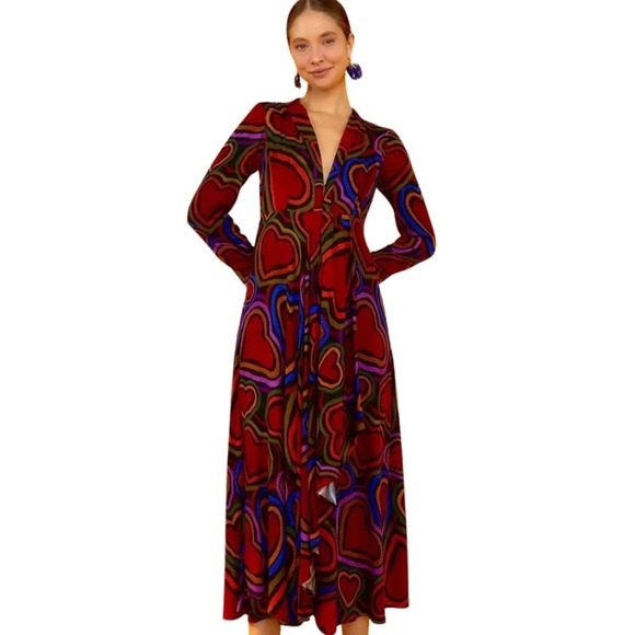 FARM Rio Dresses & Skirts - Farm Rio Rainbow Wild Hearts Maxi Dress‎ Heart Print V-Neck Long Sleeve Size XS